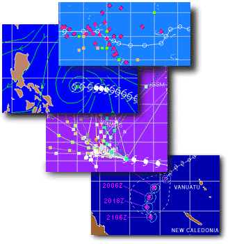 ATCF Graphic Collage:
         (1) Fixes,
         (2) Streamline Field Overlay,
         (3) Objective Aids, and
         (4) Operational Warning