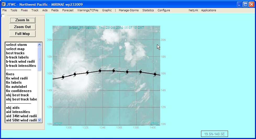 Map window showing best track and
		satellite imagery overlay