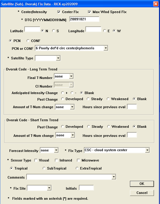 Satellite (Subj. Dvorak) Fix Data Entry Dialog